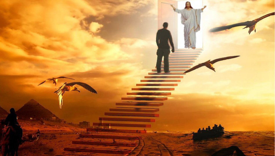 Jesus stands on the stairs