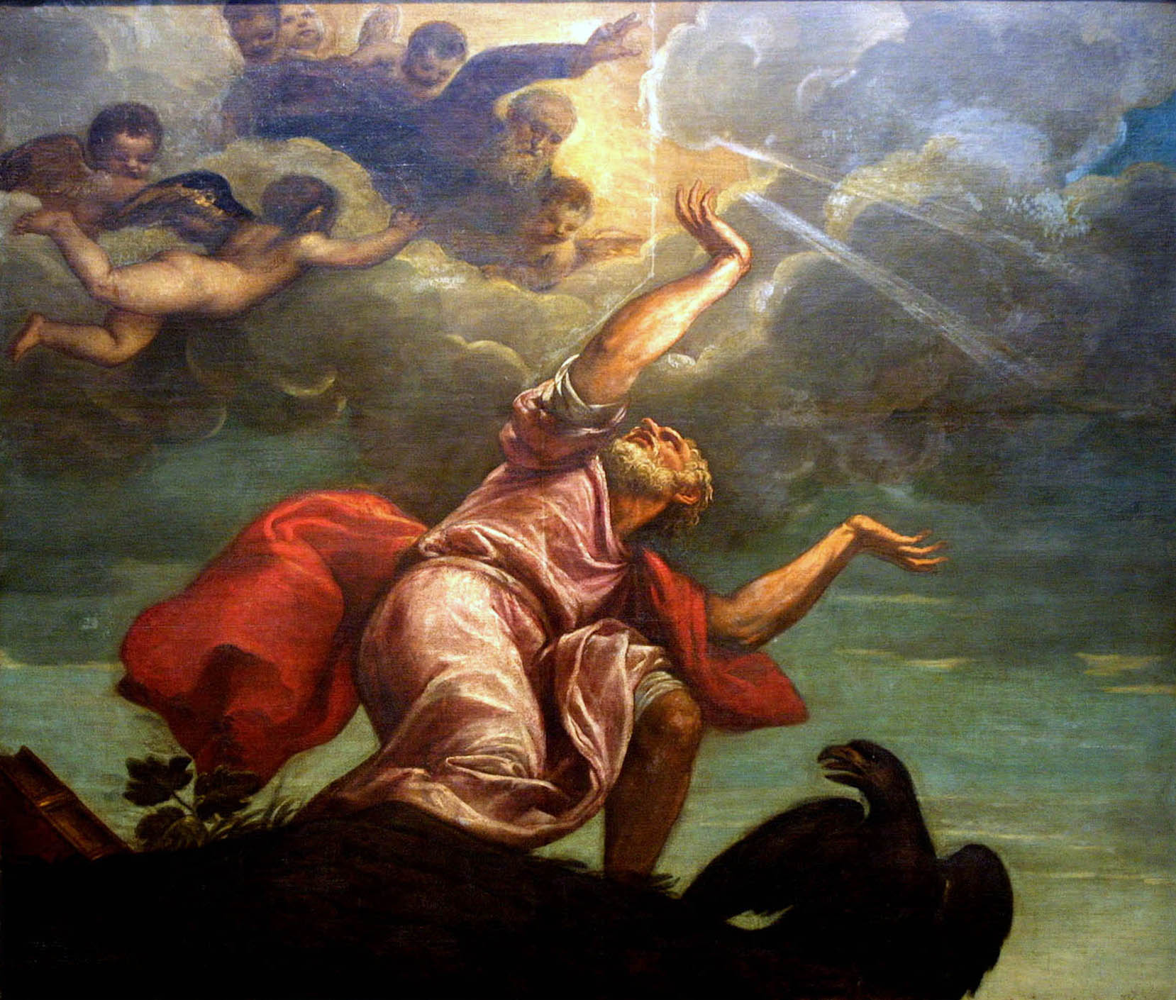 John p. 1342, Saint John the Evangelist on Patmos, oil on canvas, c. 1547, Venetian, c. 1490-1576