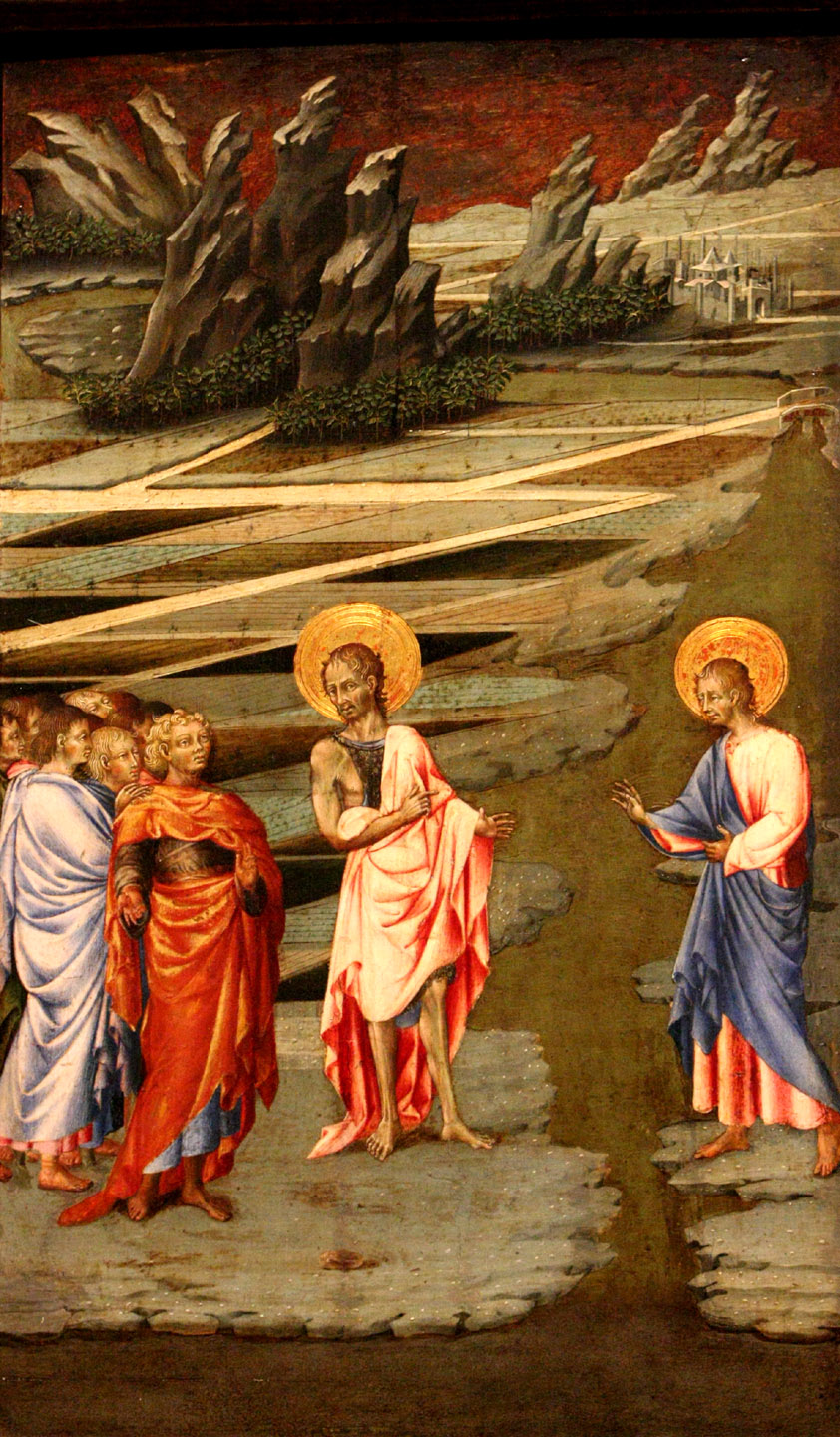 Six scenes from the life of John the Baptist, in prison visited by two disciples.