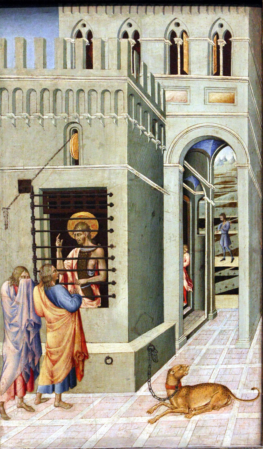 Six scenes from the life of John the Baptist, in prison visited by two disciples.